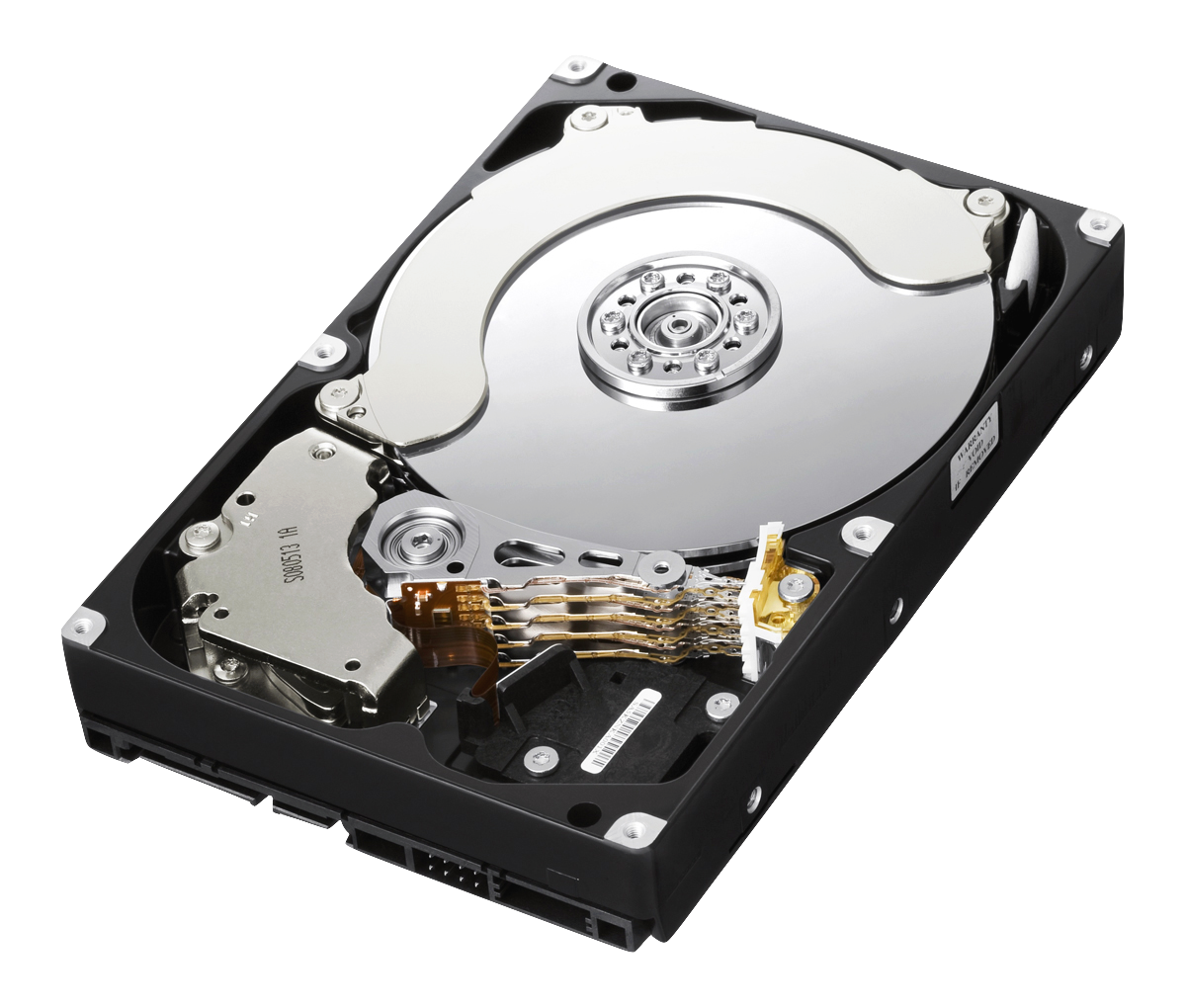 a hard disk crash caused by the heads coming in contact with the spinning d...